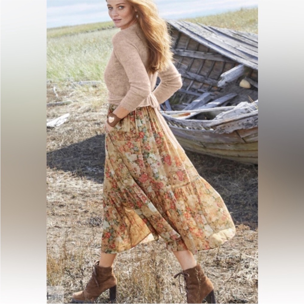Peruvian Connection Floral Maxi Dress - Beige and Red Boho Cottagecore, Sz 6 - Picture 2 of 8